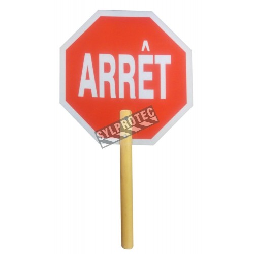 "Arrêt" traffic paddles in plastic double face, 12 in X 12 in with 10 in handle pole.