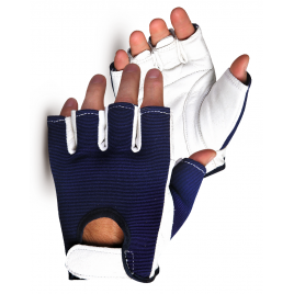 Vibrastop goatskin & nylon half-finger vibration-dampening gloves with adjustable padded wrist straps. Sold by the pair.