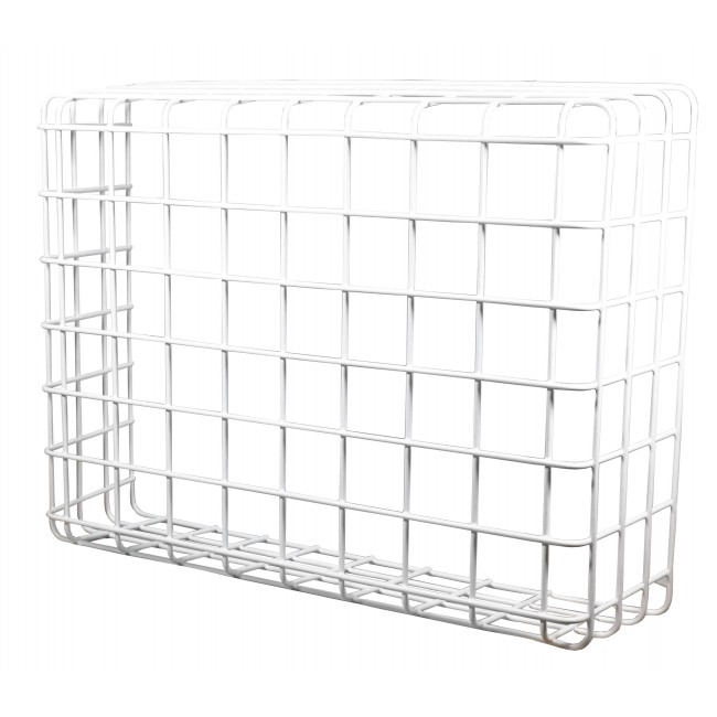 Wire mesh protective cage guard for emergency lights and other exposed equipment.