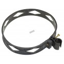 Heavy-duty black plastic extinguisher strap with hose clip, for Amerex Class D fire extinguishers.