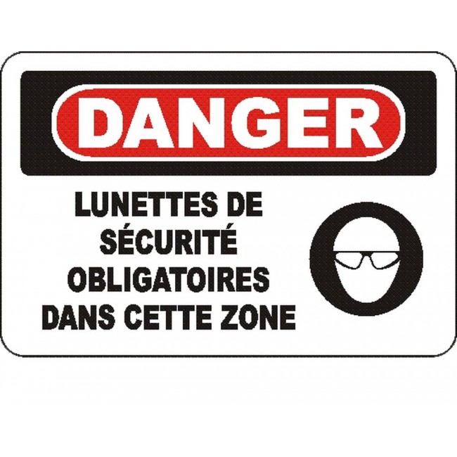 French OSHA “Danger Safety Eyewear Mandatory in This Zone” sign in various sizes, materials, languages & optional features
