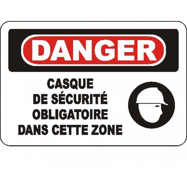 Affiche OSHA «Danger Casque de sécurité obligatoire dans cette zone» en français: langues, options, formats & matériaux variés