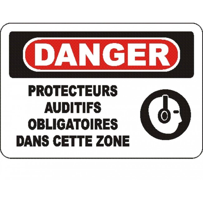 French OSHA “Danger Hearing Protection Mandatory in This Zone” sign in various sizes, materials, languages & optional features