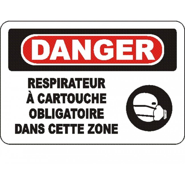 French OSHA “Danger Cartridge Respirator Mandatory in This Zone” sign in various sizes, materials, languages & optional features
