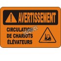 Affiche OSHA «Avertissement Circulation de chariots élévateurs» en français: langues, options, formats & matériaux variés