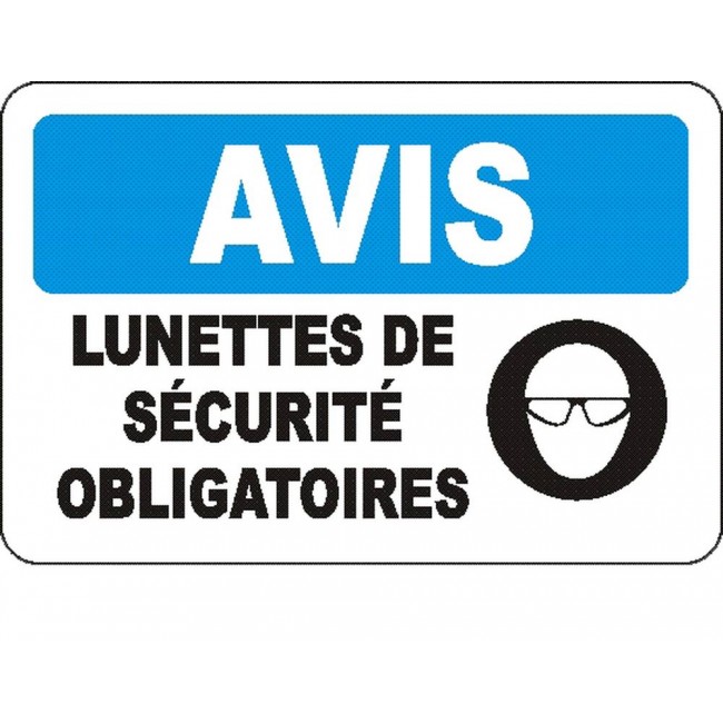 French OSHA “Notice Safety Eyewear Mandatory” sign in various sizes, materials, languages & optional features