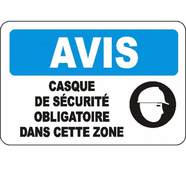French OSHA “Notice Safety Helmet Mandatory in this Zone” sign in various sizes, materials, languages & optional features