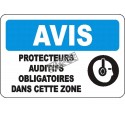 French OSHA “Notice Hearing Protection Mandatory in this Zone” sign in various sizes, materials, languages & optional features