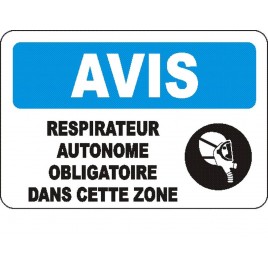 Affiche OSHA «Avis Respirateur autonome obligatoire dans cette zone» en français: langues, options, formats & matériaux variés