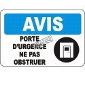 French OSHA “Notice Emergency Door Do Not Obstruct” sign in various sizes, materials, languages & optional features