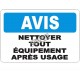 Affiche OSHA «Avis Nettoyer tout équipement après usage» en français: langues, options, formats & matériaux variés