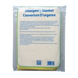 Multipurpose emergency blanket made of tissue and poly, packaged individually. 56" x 88.5" (142 cm x 225 cm).