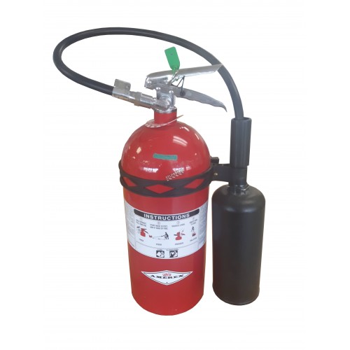 Heavy-duty black plastic extinguisher strap with hose clip, for 10 lbs &amp; 15 lbs carbon dioxide (CO2) fire extinguishers.