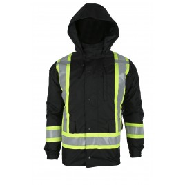 Low-visibility 7-in-1 winter coat, black with retroreflective stripes, CSA Z96-15 Class 1 Level 2.