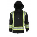 Low-visibility 7-in-1 winter coat, black with retroreflective stripes, Class 1 Level 2.
