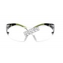 3M SF401SecureFit protective eyewear with anti-fog treated clear polycarbonate lenses with black temples w/ neon green accents