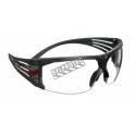 3M SF601 SecureFit protective eyewear with anti-fog treated clear polycarbonate lenses with grey and red temples.