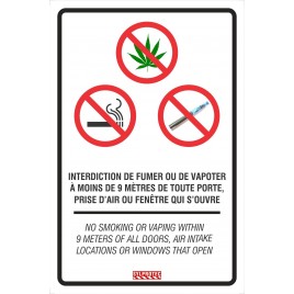 Bilingual sign "No smoking cigarette, vaping or using cannabis within 9 meters" available in two materials.