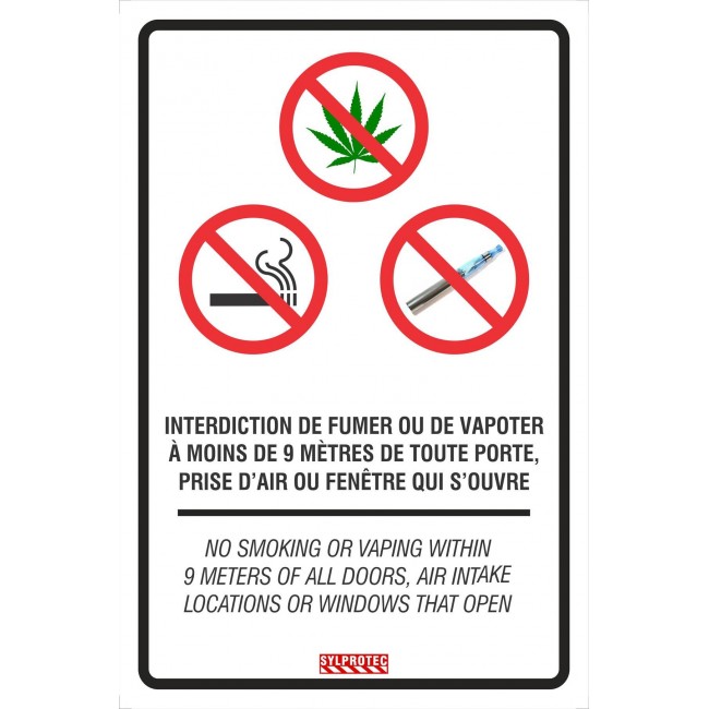 Bilingual sign "No smoking cigarette, vaping or using cannabis within 9 meters" available in two materials.