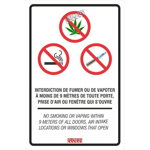Affiche bilingue « Interdiction de fumer, vapoter et de consommer du cannabis à moins de 9 mètres » 2 matériels disponibles.