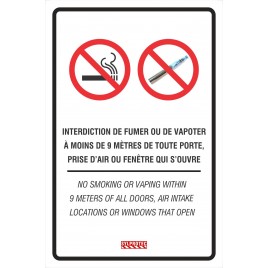 Affiche bilingue « Interdiction de fumer ou de vapoter à moins de 9 mètres » disponible en deux matériels. 