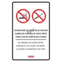 Bilingual sign "No smoking or vaping within 9 meters" available in two materials: aluminium and adhesive window decal. 