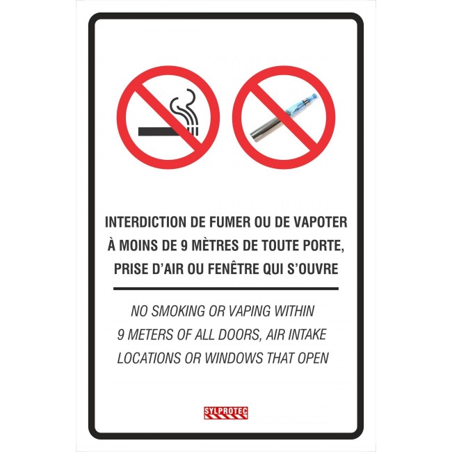 Affiche bilingue « Interdiction de fumer ou de vapoter à moins de 9 mètres » disponible en deux matériels. 