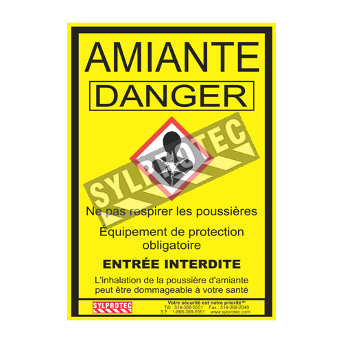 Statutory &amp; compulsory sign for Quebec construction sites involving asbestos related activities. 14&quot;x18.5&quot;. Only in French.