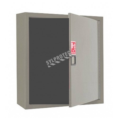 Surface-mounted cabinet with solid metal door, for 75 to 100 ft fire hose and 5 to 10 lbs extinguisher.