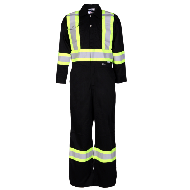 Black coveralls with reflective stripes.