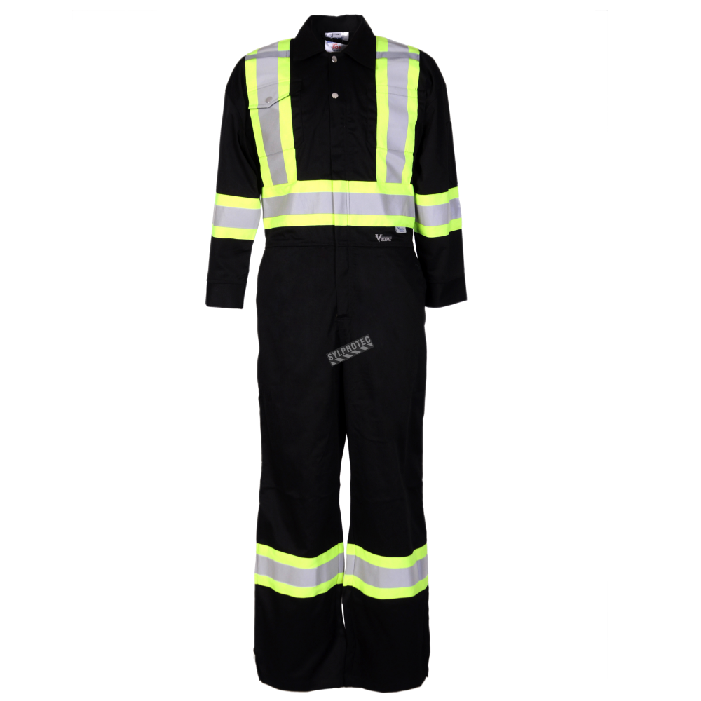 blackcoveralls with reflective stripes. Polyester-cotton.