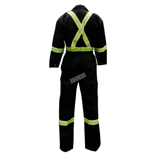 Black coveralls with reflective stripes.
