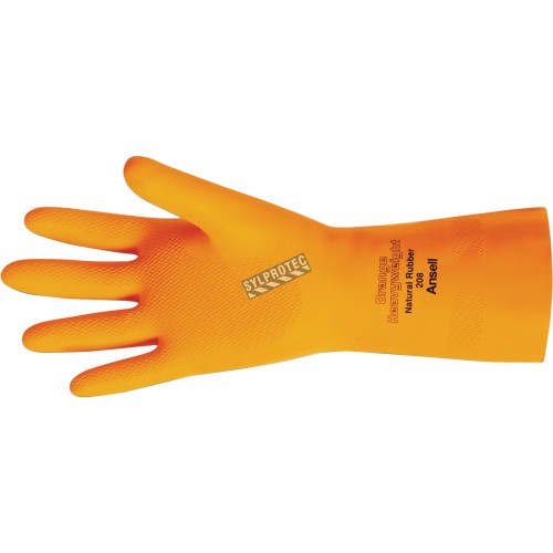 Orange latex glove textured 13 in long and 29 mils thick. 