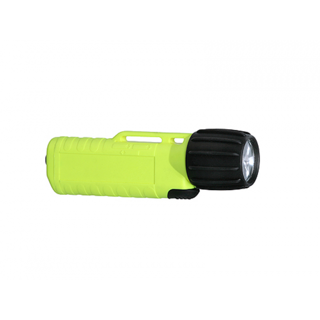 Lampe de poche anti-explosion UK4AA-eLed, avec ampoule led et interrupteur  frontal, boîtier jaune.