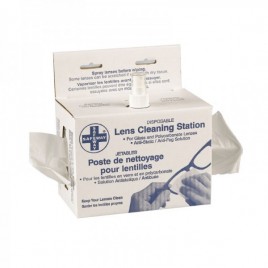 Lens cleaning station with cleaning tissues and lens solution.