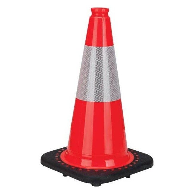 Orange traffic cone 18 in. with reflective band of 4 in. Weight: 3.8 lbs. Made from 100% PVC. 