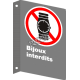 Affiche CSA « Bijoux interdits » montre, de langue française: formats variés, matériaux divers, d’autres langues & options