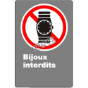 French CDN "No Jewelry Allowed with pictogram of a watch sign in various sizes, materials & languages