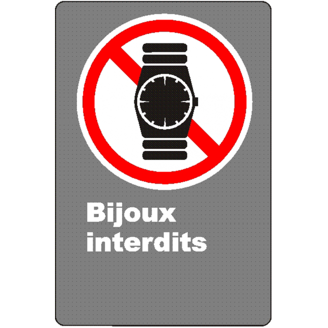 Affiche CSA « Bijoux interdits » montre, de langue française: formats variés, matériaux divers, d’autres langues & options