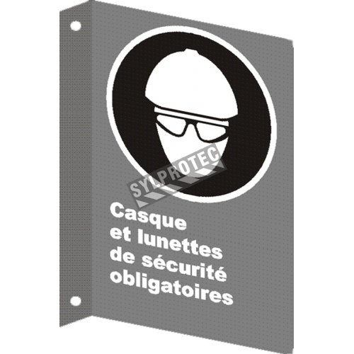 French CSA &quot;Safety Helmet And Glasses Mandatory&quot; sign: many sizes, shapes, materials &amp; languages + optional features
