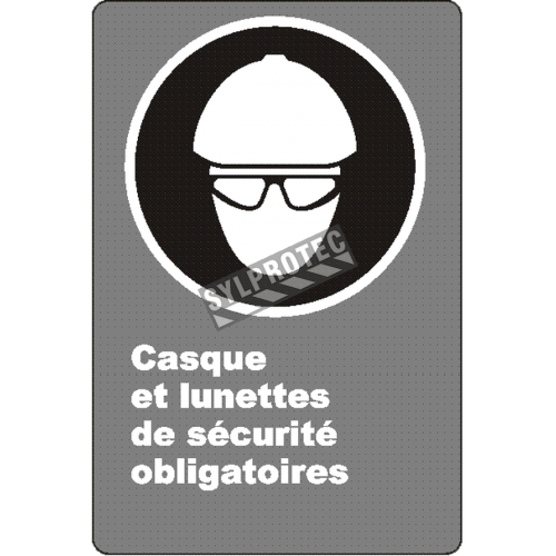 French CSA "Safety Helmet And Glasses Mandatory" sign: many sizes, shapes, materials & languages + optional features