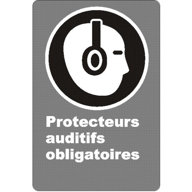 Affiche CSA «Protecteurs auditifs obligatoires» de langue française: langues, formats & matériaux divers + options