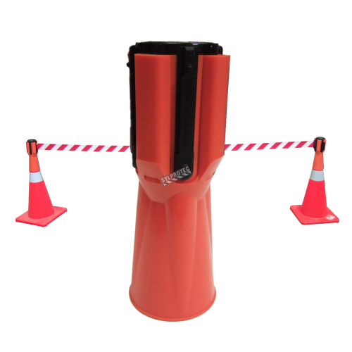 Tensacone traffic cone topper with retractable red & white striped barrier belt, max length 13 feet (4 m).