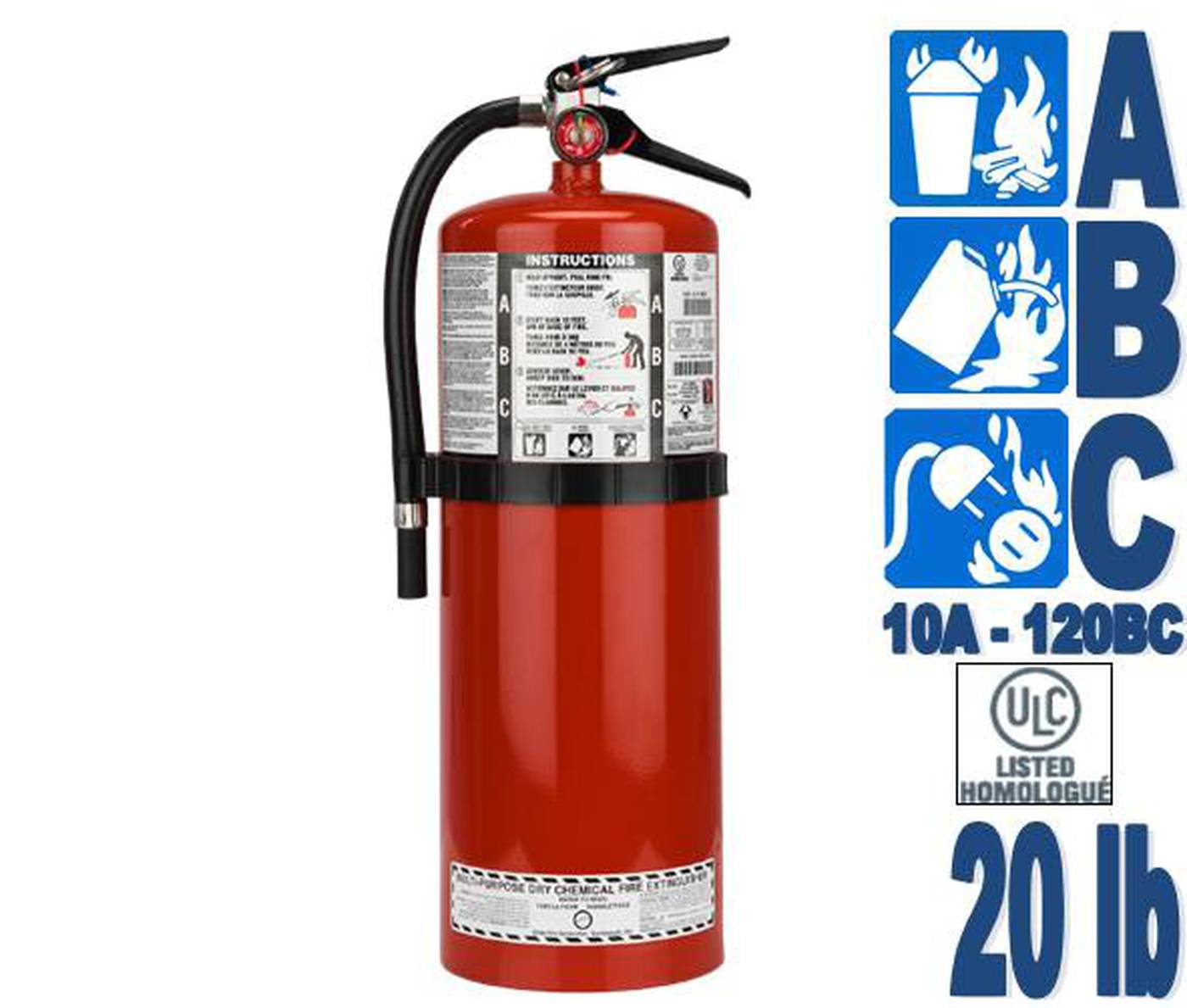 Fire extinguisher 20 lbs type ABC, ULC 10A-120BC, with wall hook.