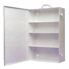 Wall-mounted, portable, metal first aid cabinet, with solid door panel and handle.