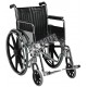Folding wheelchair with steel frame and leatherette upholstery.