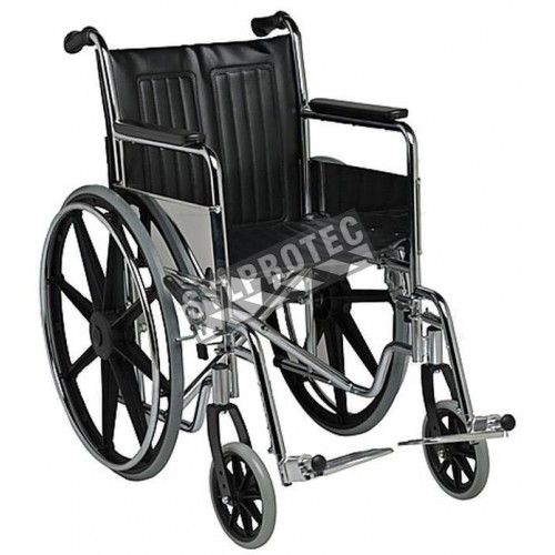 Folding wheelchair with steel frame and leatherette upholstery.