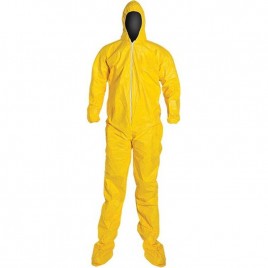TYCHEM 2000 disposable yellow coverall with hood and boot covers, sold individually.