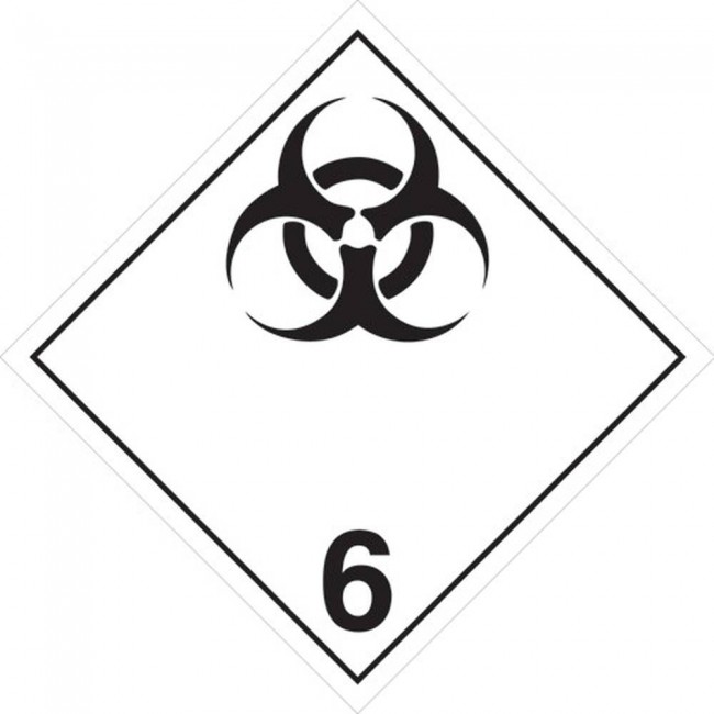 Infectious substances, class 6, placard, 10-3/4 in X 10-3/4 in. Use in the transportation of hazardous materials.