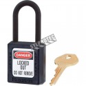 MasterLock 406 dielectric lock made of black Zenex thermoplastic, with one key.